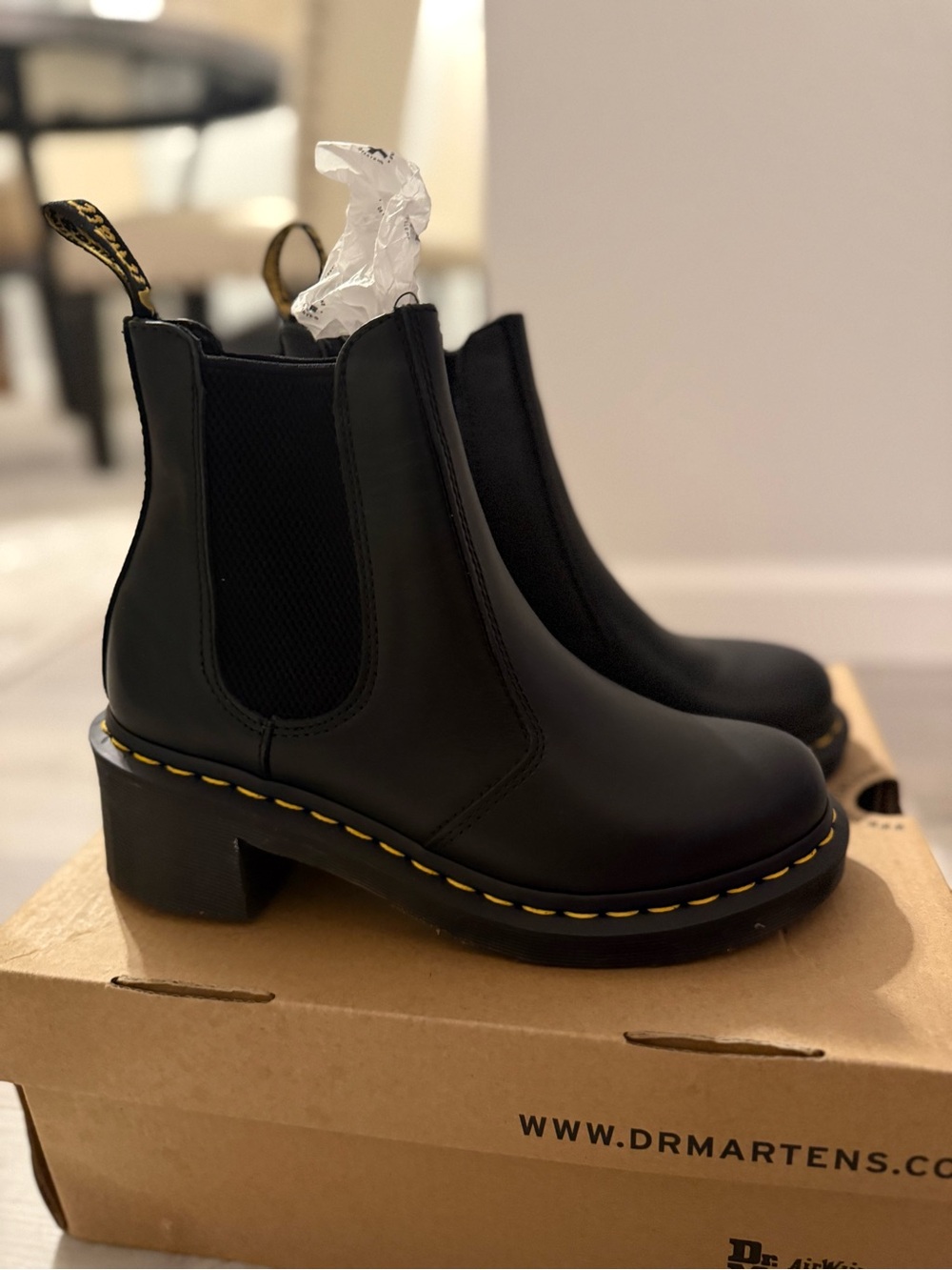 Dr. Martens Black Leather Chelsea Platform Boots with Yellow Stitching